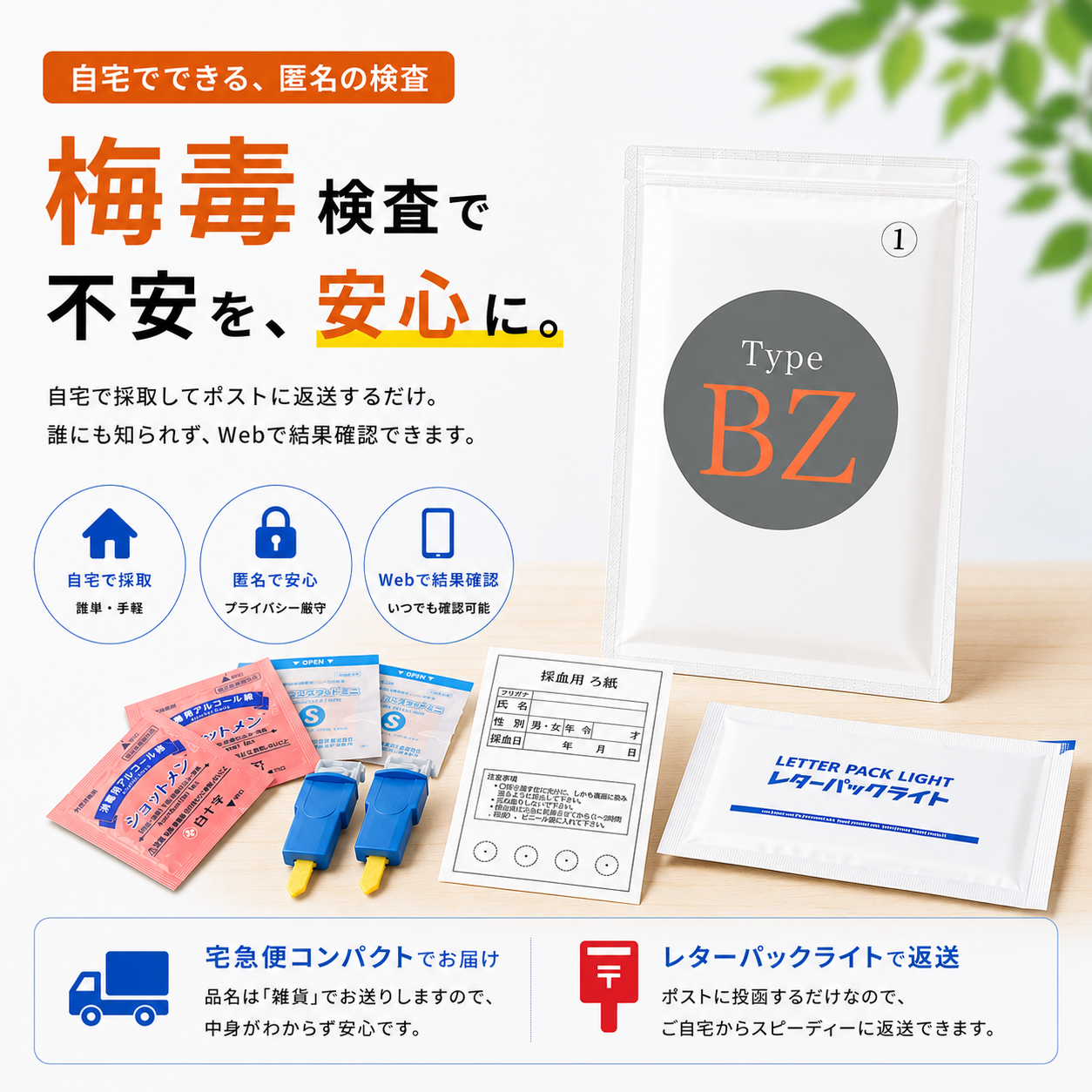 梅毒郵送検査キット。自宅で微量採血し、匿名で検査結果を確認