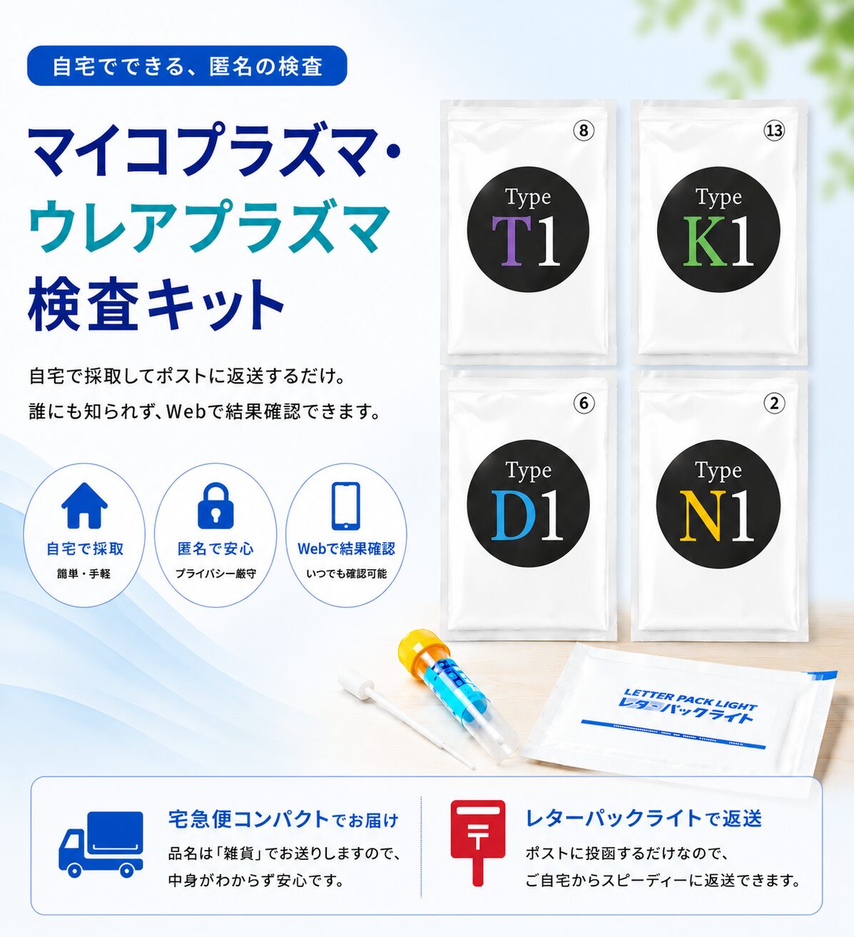 マイコプラズマ・ウレアプラズマ郵送検査キット。尿、膣分泌物、のど、肛門の検体に対応