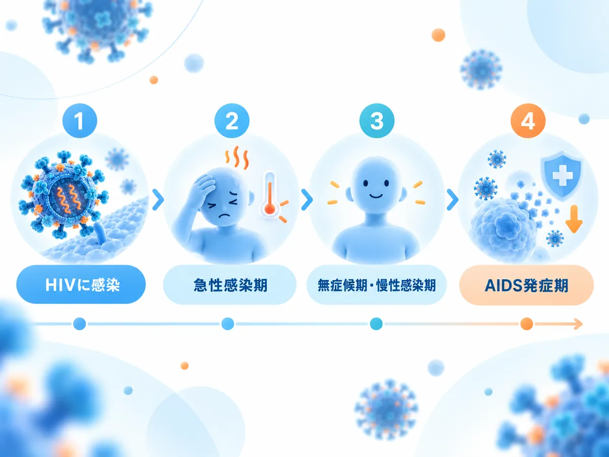 HIV感染から急性感染期、無症候期・慢性感染期、エイズ発症期までの経過を示した図