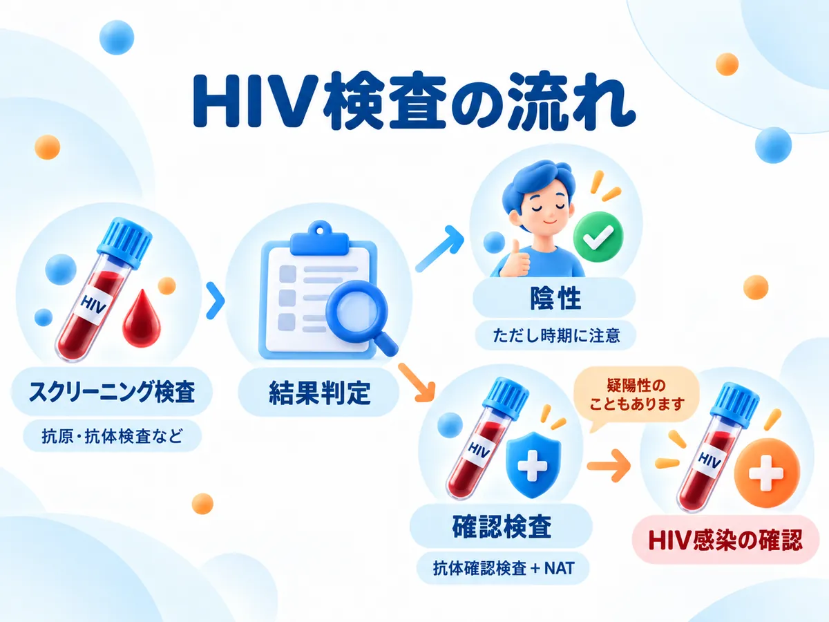 HIV検査のスクリーニング検査から結果判定、確認検査までの流れ