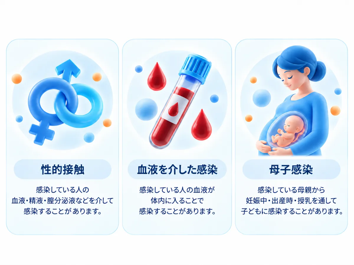 HIVの主な感染経路である性的接触、血液を介した感染、母子感染を示した図