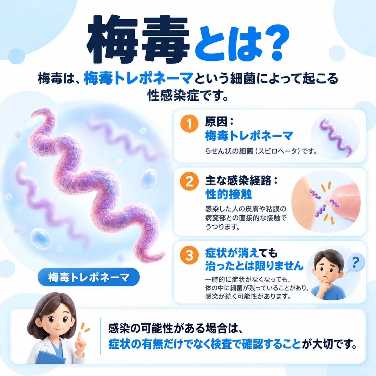 梅毒の原因となる梅毒トレポネーマと感染の特徴を示した図